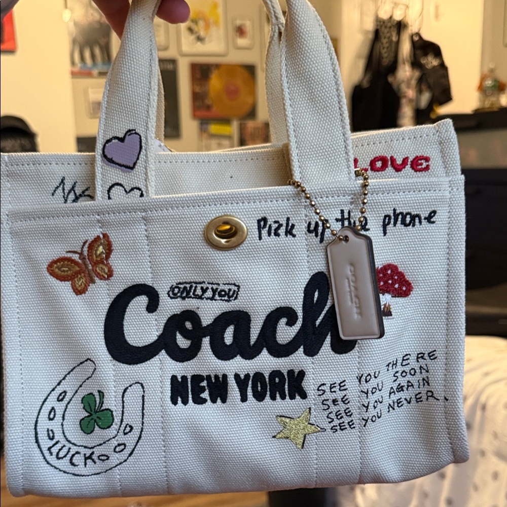 Coach White Canvas Mini Tote with Colorful Embroidered Accents